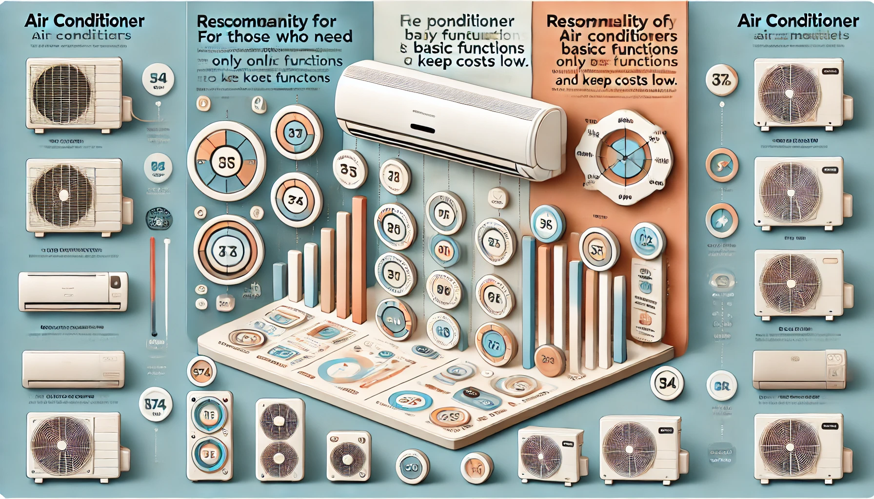 A visually appealing infographic showcasing the popularity of air conditioner models recommended for those who need only basic functions and want to keep costs low. The design should be clean, modern, and informative, with clear icons and charts indicating the best-selling models. The color scheme should be neutral and professional. The infographic should be in a 16:9 aspect ratio.