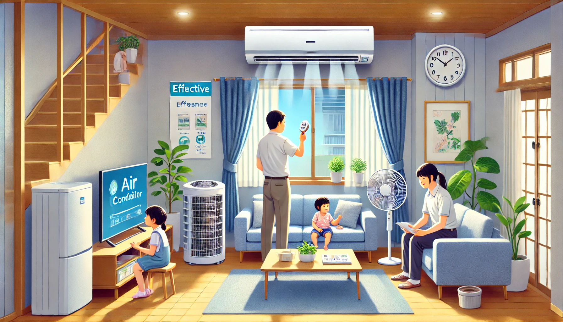 A Japanese household implementing effective measures to improve air conditioner efficiency when the outside is cooler. A family uses a fan to circulate air, keeps the curtains closed to maintain coolness, and adjusts the air conditioner settings. The environment looks pleasant and energy-efficient. Realistic style, 16:9 aspect ratio.