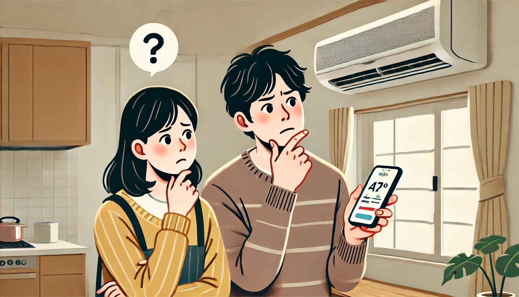 A Japanese man and woman looking puzzled while checking their air conditioner settings on a smartphone. The outside temperature is cooler than inside, and they are unsure whether to keep the AC on or open the window. The setting is a cozy home interior with modern appliances. Realistic style, 16:9 aspect ratio.