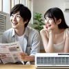 A Japanese person in a modern apartment, looking hopeful and excited while browsing for a quiet window air conditioner. They appear to be searching online or checking product brochures. The environment is clean and well-lit, symbolizing a desire for a peaceful cooling solution.