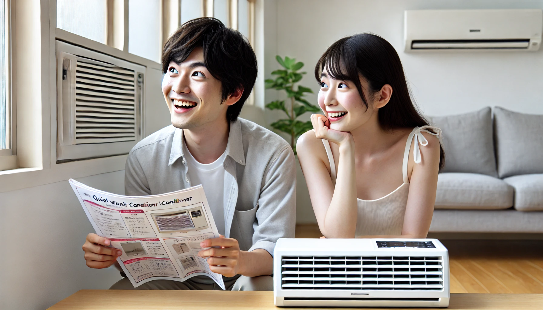 A Japanese person in a modern apartment, looking hopeful and excited while browsing for a quiet window air conditioner. They appear to be searching online or checking product brochures. The environment is clean and well-lit, symbolizing a desire for a peaceful cooling solution.