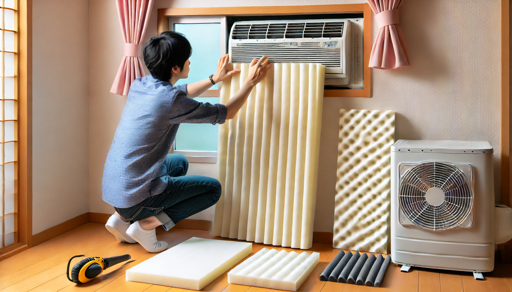 A Japanese person installing noise-reducing materials like foam panels and anti-vibration pads around a window air conditioner. The setting is a cozy apartment, and the individual is carefully placing a soundproofing sheet. The atmosphere conveys problem-solving and effectiveness in reducing noise.