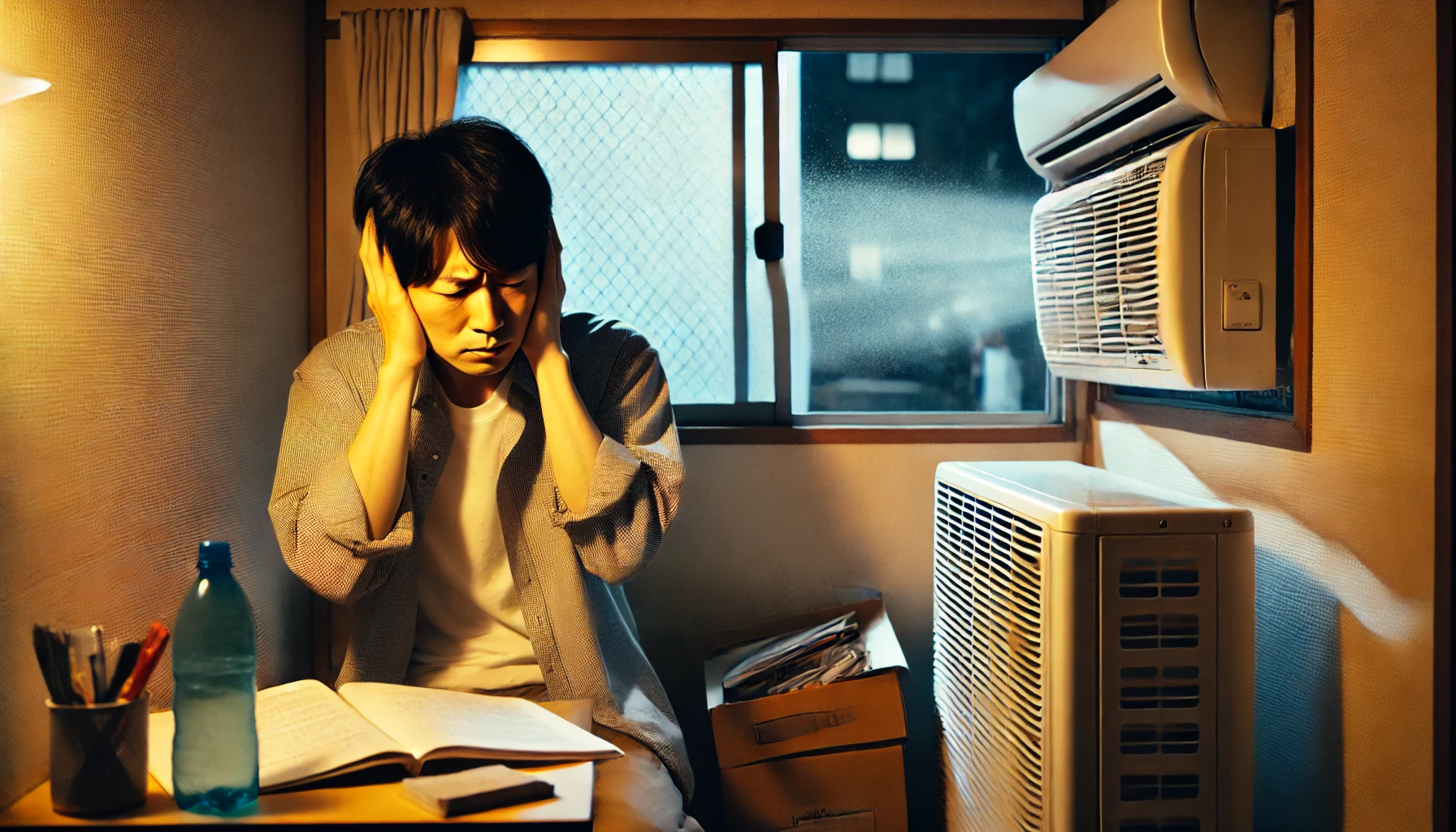 A Japanese person sitting in a small apartment, looking frustrated and covering their ears due to the loud noise of a window air conditioner. The air conditioner is visibly shaking and making noise. The environment looks slightly cluttered, emphasizing discomfort. The lighting is dim to enhance the sense of frustration.