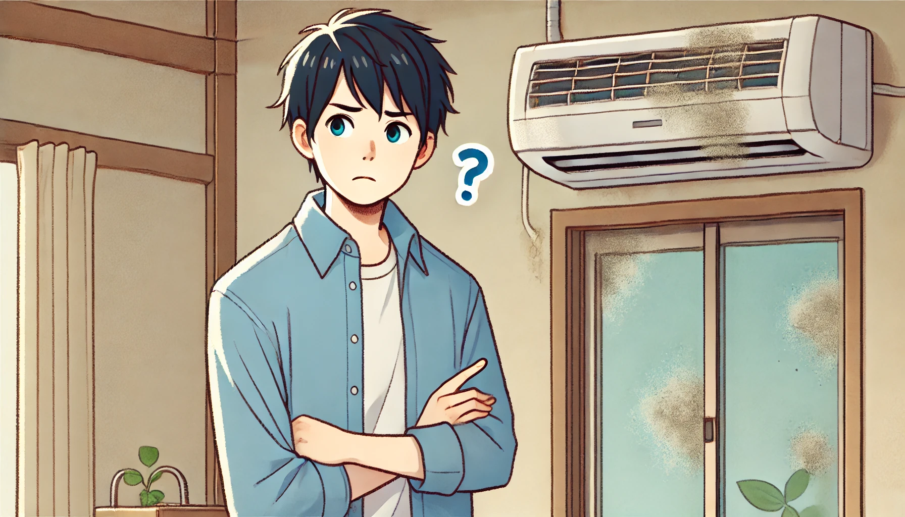 An illustration of a Japanese person looking frustrated while inspecting a moldy window air conditioner. The person appears concerned, wearing casual indoor clothing, and standing in a typical Japanese home setting. The air conditioner has visible mold around the vents. The atmosphere is slightly gloomy to emphasize the problem. The image is in a semi-realistic anime style with soft colors. Aspect ratio 16:9.