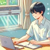 An illustration of a Japanese person researching effective cleaning methods for a moldy window air conditioner. The person is sitting at a desk, looking at a laptop screen with a focused expression. A window air conditioner is visible in the background. The atmosphere is bright and hopeful, showing determination to solve the issue. The image is in a semi-realistic anime style with soft colors. Aspect ratio 16:9.