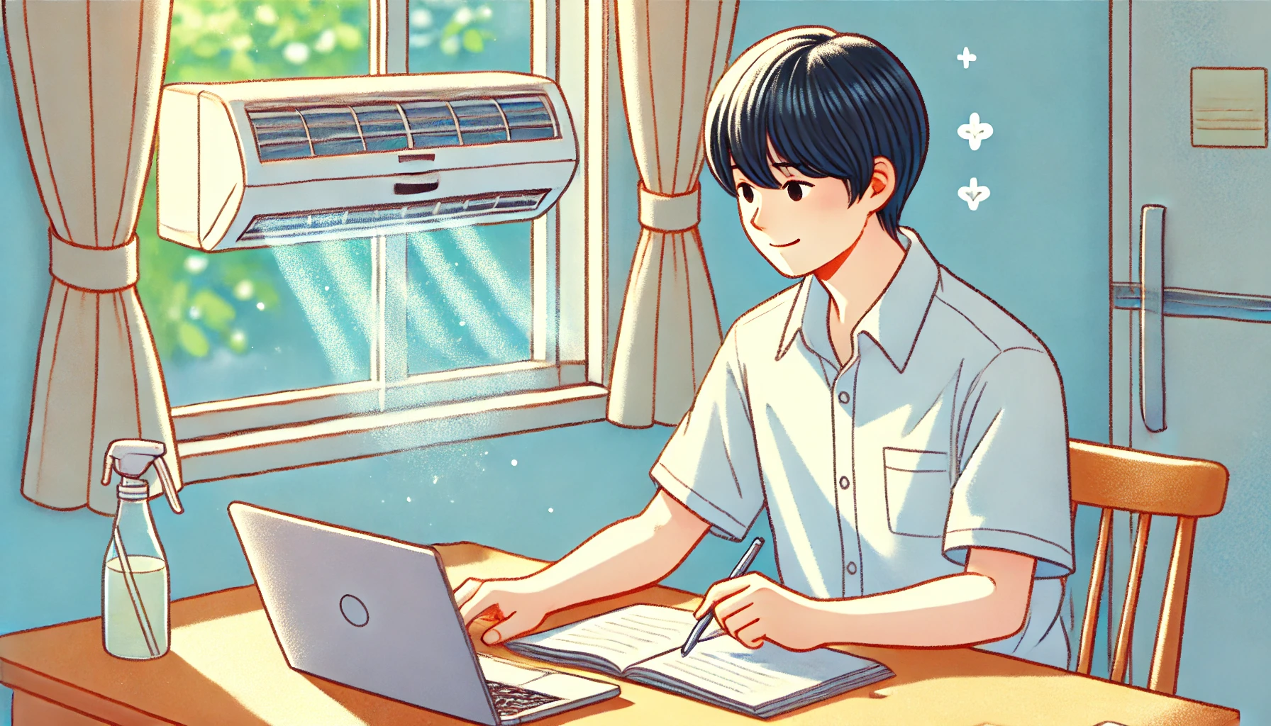 An illustration of a Japanese person researching effective cleaning methods for a moldy window air conditioner. The person is sitting at a desk, looking at a laptop screen with a focused expression. A window air conditioner is visible in the background. The atmosphere is bright and hopeful, showing determination to solve the issue. The image is in a semi-realistic anime style with soft colors. Aspect ratio 16:9.