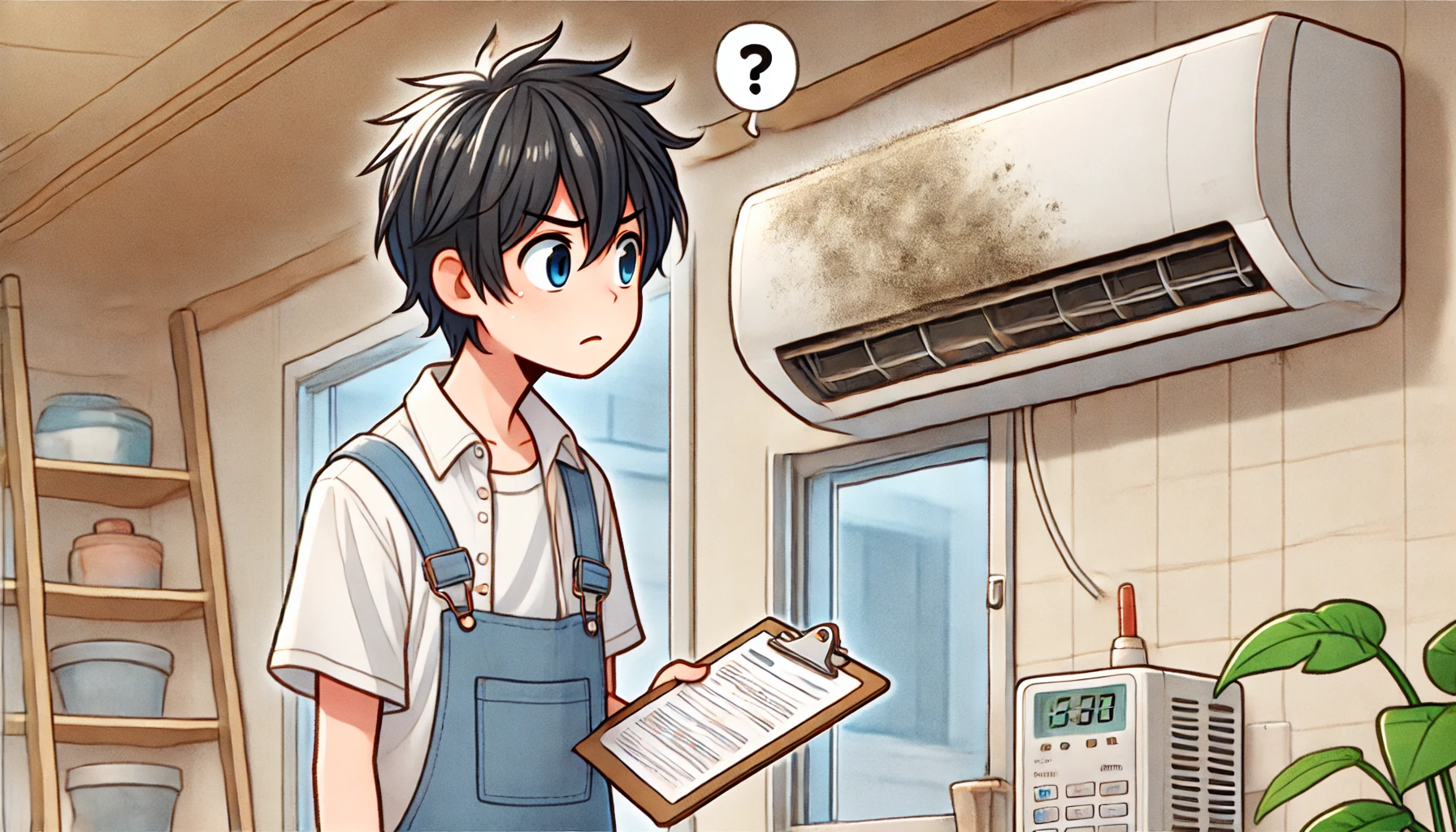 An illustration of a Japanese person looking frustrated while inspecting a moldy window air conditioner. The person appears concerned, wearing casual indoor clothing, and standing in a typical Japanese home setting. The air conditioner has visible mold around the vents. The atmosphere is slightly gloomy to emphasize the problem. The image is in a semi-realistic anime style with soft colors. Aspect ratio 16:9.