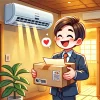 An illustration of a Japanese person happily receiving a home air conditioner sold by Nitori. The scene features a bright, modern Japanese home where the individual is excitedly opening the package or admiring the newly installed air conditioner on the wall. The expression conveys joy and satisfaction, with warm lighting and a cozy atmosphere. The illustration has a cheerful and inviting style.