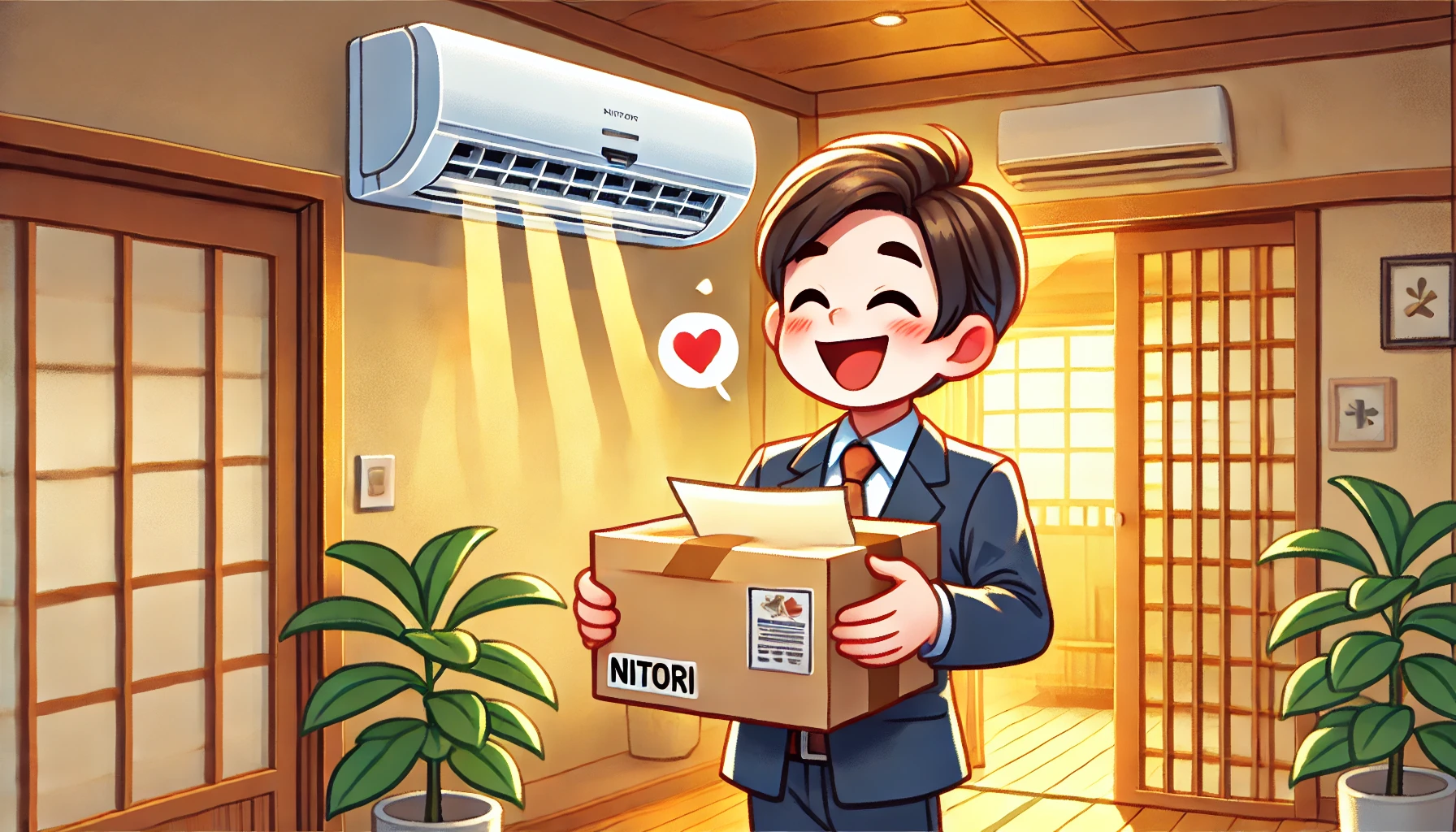 An illustration of a Japanese person happily receiving a home air conditioner sold by Nitori. The scene features a bright, modern Japanese home where the individual is excitedly opening the package or admiring the newly installed air conditioner on the wall. The expression conveys joy and satisfaction, with warm lighting and a cozy atmosphere. The illustration has a cheerful and inviting style.