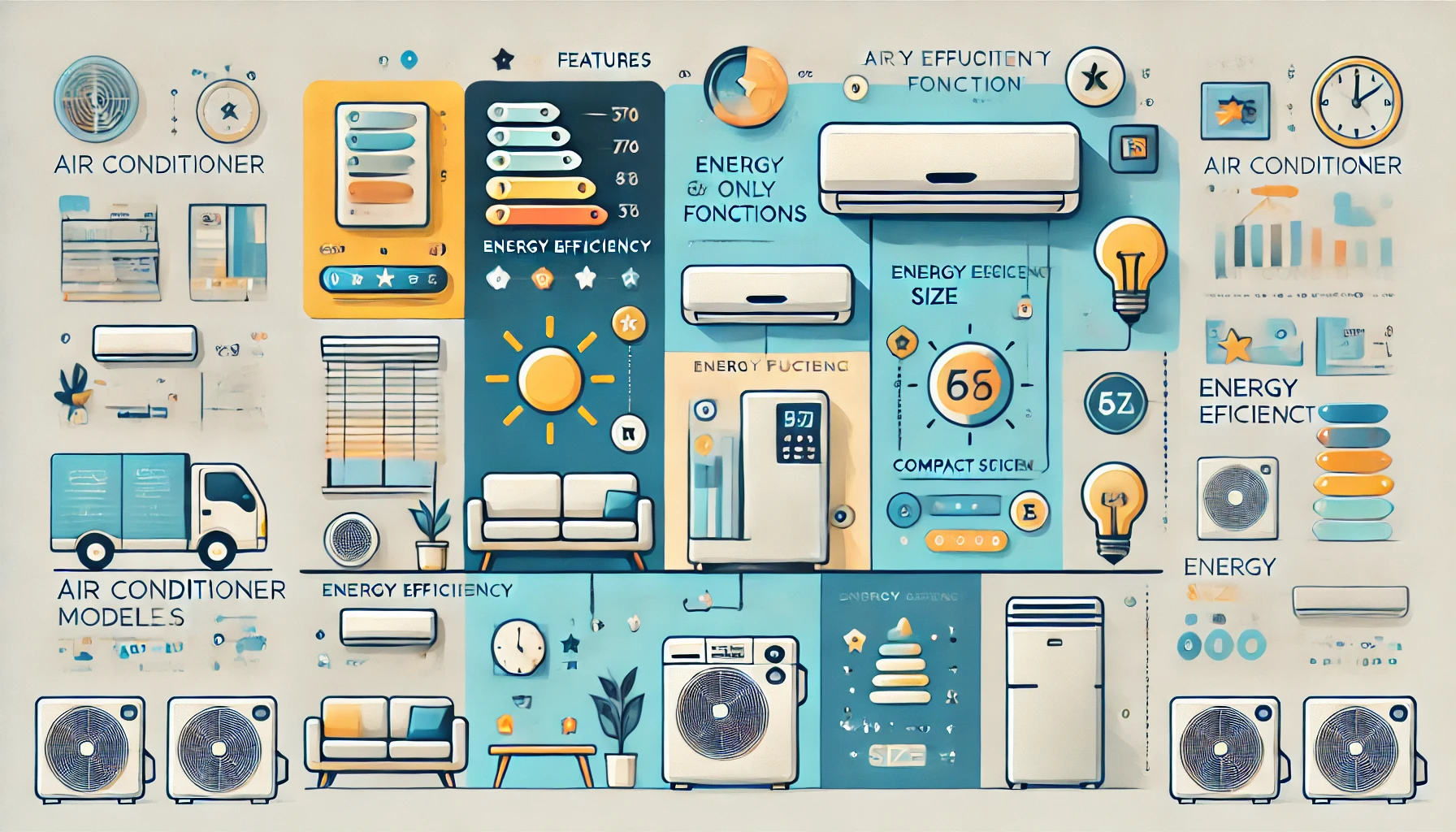 A visually engaging infographic illustrating the key features of air conditioner models recommended for those who need only basic functions and want to keep costs low. The design should include clean icons, labels, and a minimalistic layout that highlights energy efficiency, compact size, and easy operation. The color scheme should be modern and professional. The infographic should be in a 16:9 aspect ratio.