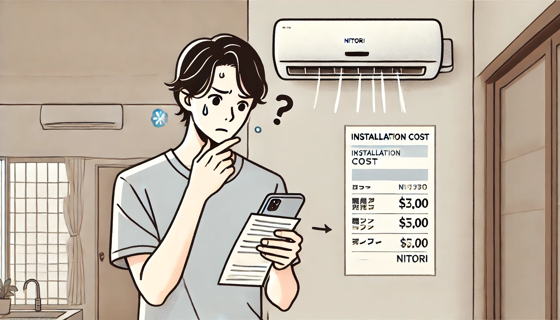 An illustration of a Japanese person looking worried about the installation cost of a home air conditioner sold by Nitori. The scene takes place in a modern Japanese apartment, with the individual holding a bill or checking costs on a smartphone while glancing at the air conditioner mounted on the wall. The expression conveys financial concern, with subtle details such as sweat drops or a thoughtful pose. The style is clean and minimalistic.