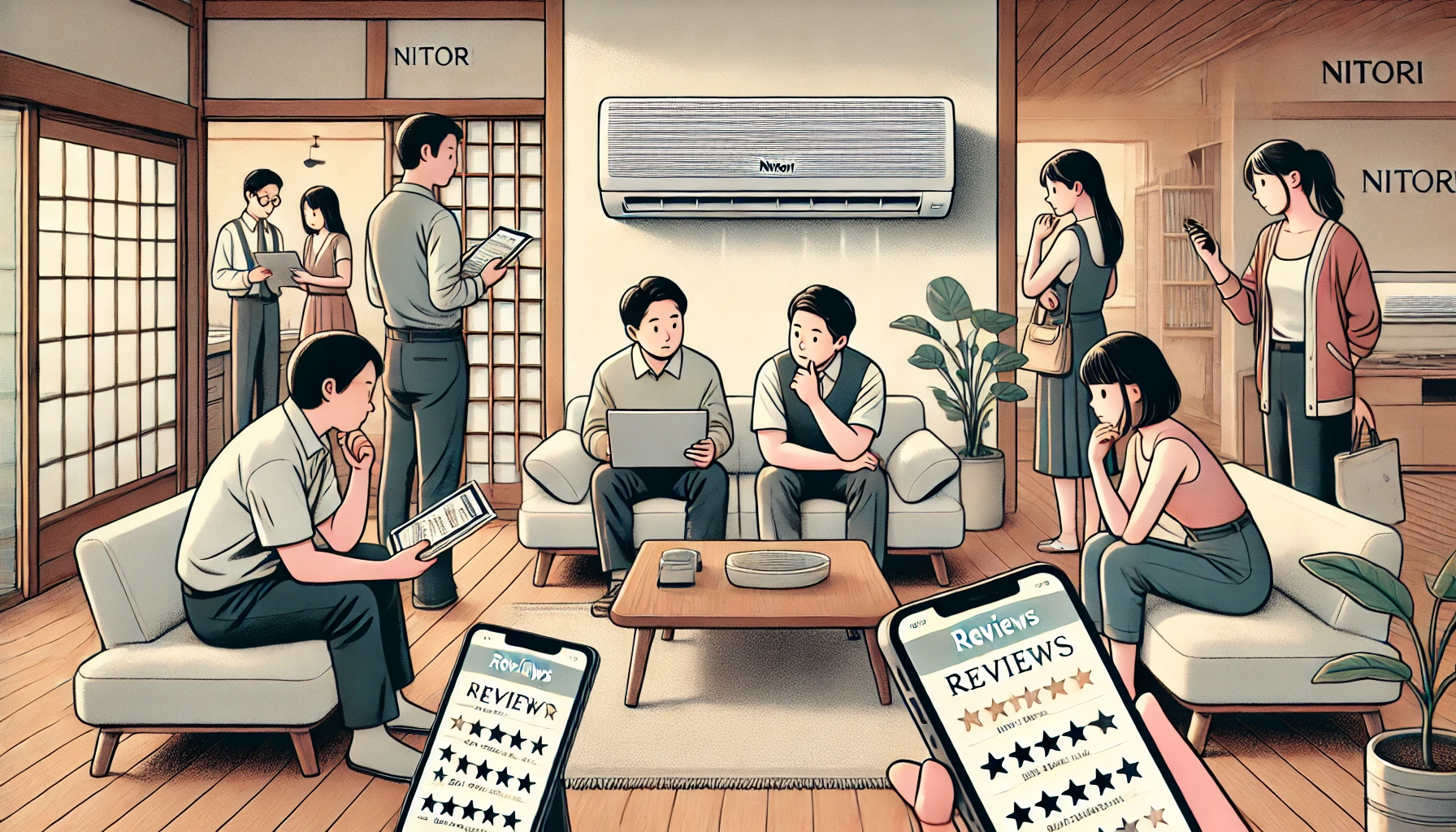 An illustration of people discussing the reputation of a home air conditioner sold by Nitori, a famous furniture and interior goods brand in Japan. The scene features a cozy Japanese home interior with individuals checking reviews on a laptop or smartphone. The focus is on the air conditioner on the wall while people express curiosity and skepticism about its performance. The style is clean and modern, with a warm atmosphere.