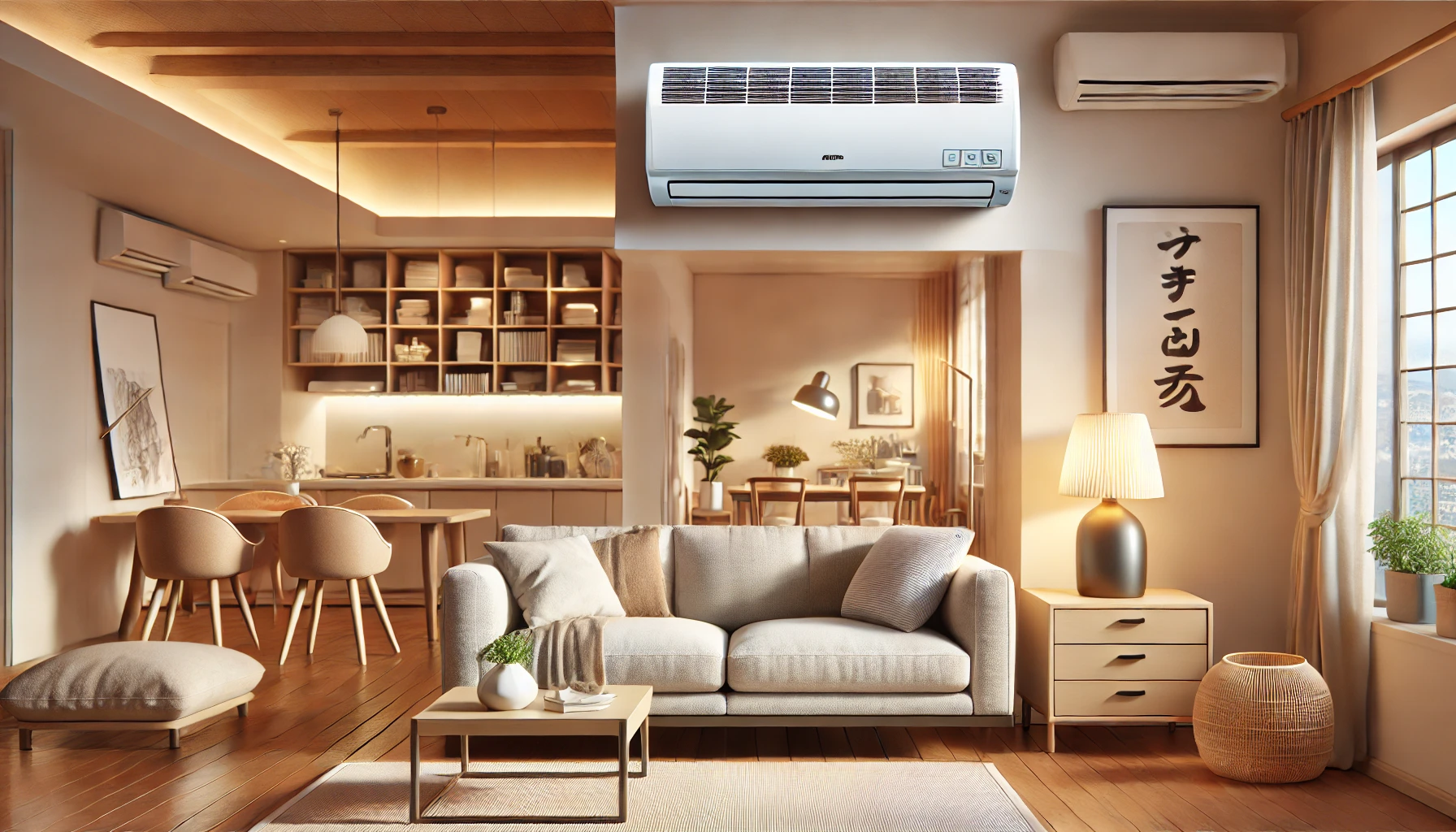 An illustration of a home air conditioner sold by Nitori, a famous furniture and interior goods brand in Japan. The image should showcase a modern, stylish air conditioner mounted on a wall in a cozy Japanese home interior. The room is well-decorated with minimalistic furniture, warm lighting, and a clean aesthetic. The focus is on the air conditioner as the main subject, with a subtle brand representation.