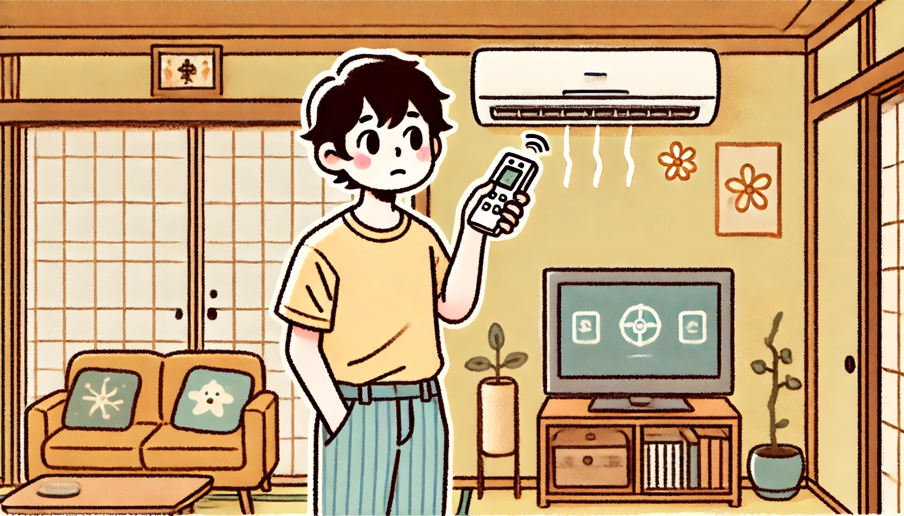 An illustrated image of a Japanese person about to use an air conditioner after a long time. The person looks curious or slightly hesitant, standing in front of the air conditioner with a remote control in hand. The setting is a typical Japanese home interior. The image should have a warm, inviting color palette.