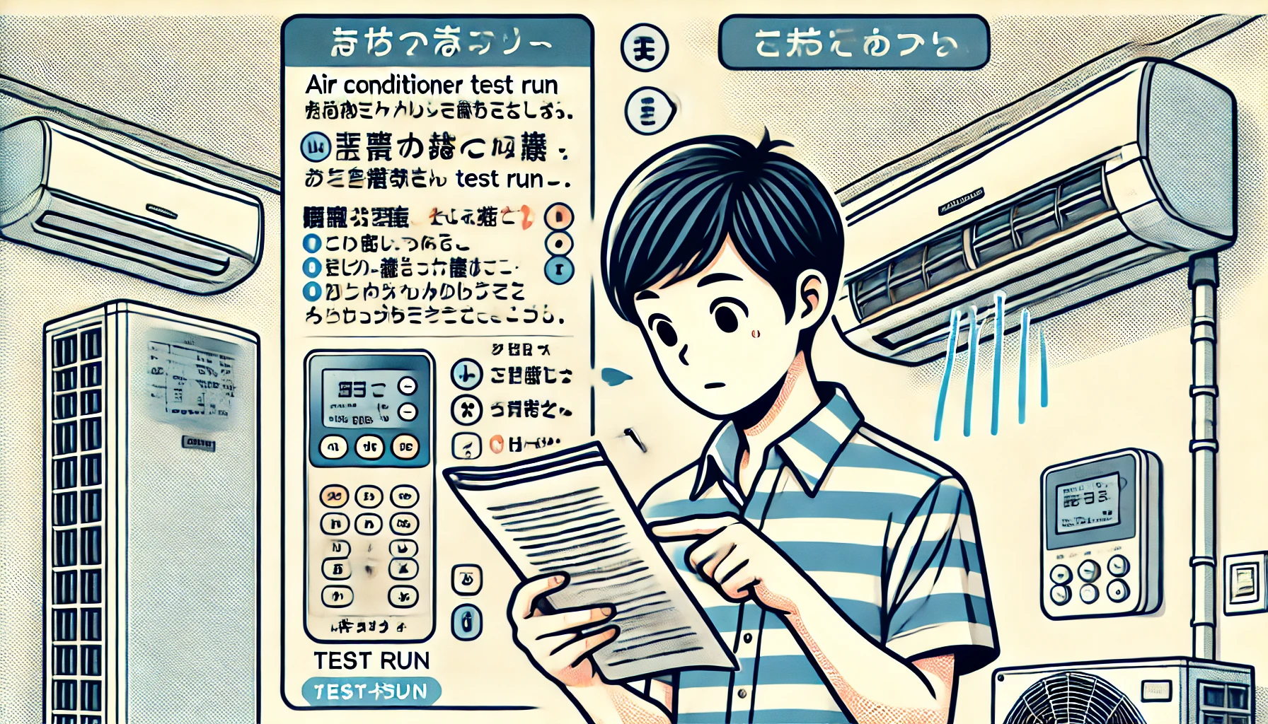 An illustrated image of a Japanese person learning the air conditioner test run procedure after not using it for a long time. The person is holding a manual or looking at a guide on their phone, carefully following steps while checking the remote control and air conditioner settings. The background shows a typical Japanese home interior with the air conditioner mounted on the wall.