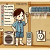 An illustrated image of a Japanese person checking key points when using an air conditioner after a long time. The person is inspecting the air conditioner filter, looking at the power plug, or checking the remote settings. A checklist or key points may be subtly included in the background to emphasize important aspects. The scene is set in a typical Japanese home with warm lighting.