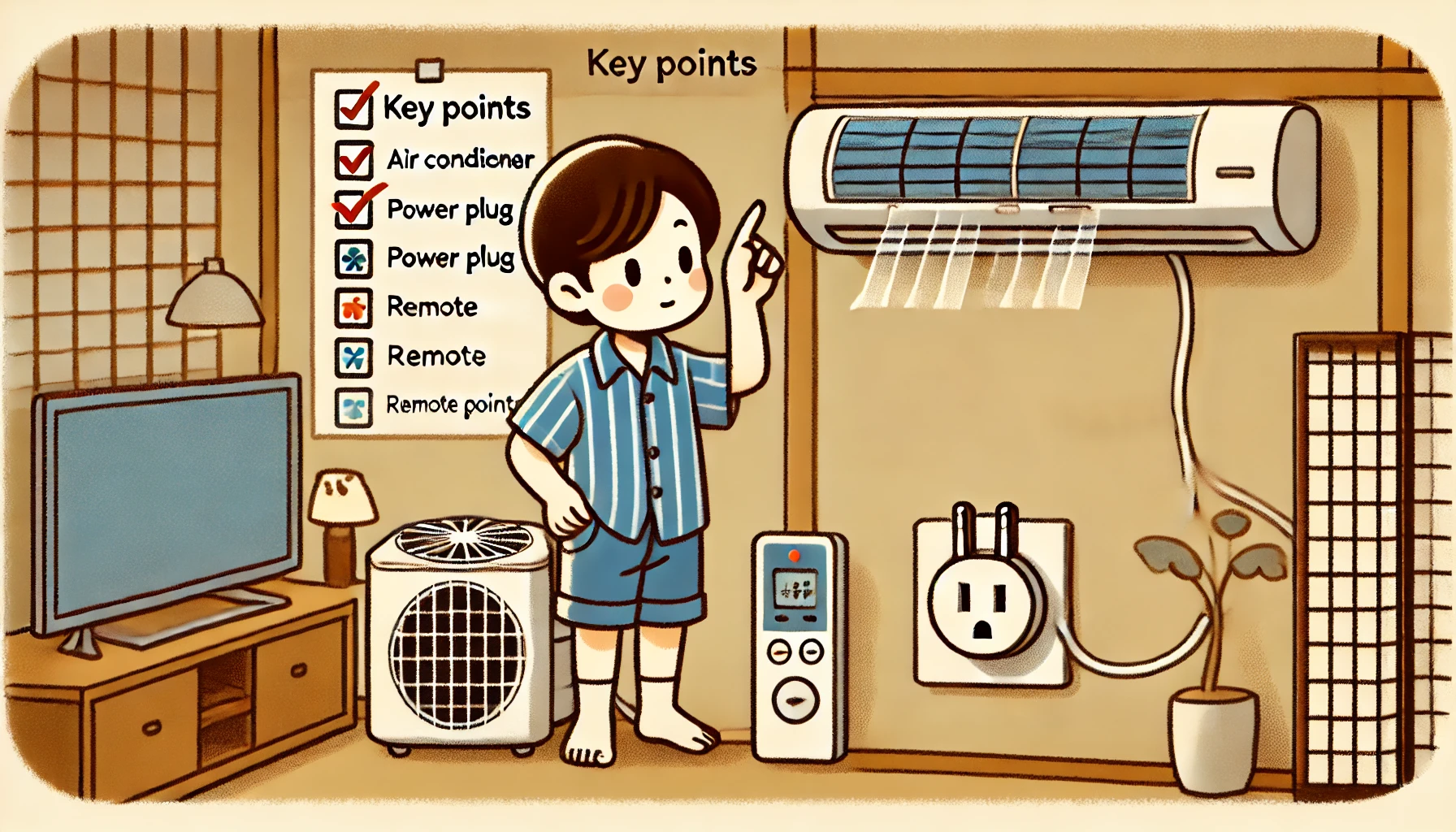 An illustrated image of a Japanese person checking key points when using an air conditioner after a long time. The person is inspecting the air conditioner filter, looking at the power plug, or checking the remote settings. A checklist or key points may be subtly included in the background to emphasize important aspects. The scene is set in a typical Japanese home with warm lighting.