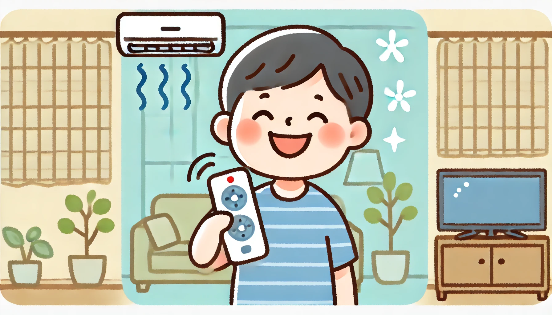 An illustrated image of a Japanese person looking happy after successfully learning how to use the air conditioner after a long time. The person is smiling while holding a remote control, enjoying the cool or warm air. The background shows a comfortable home setting, emphasizing a sense of satisfaction and relief.