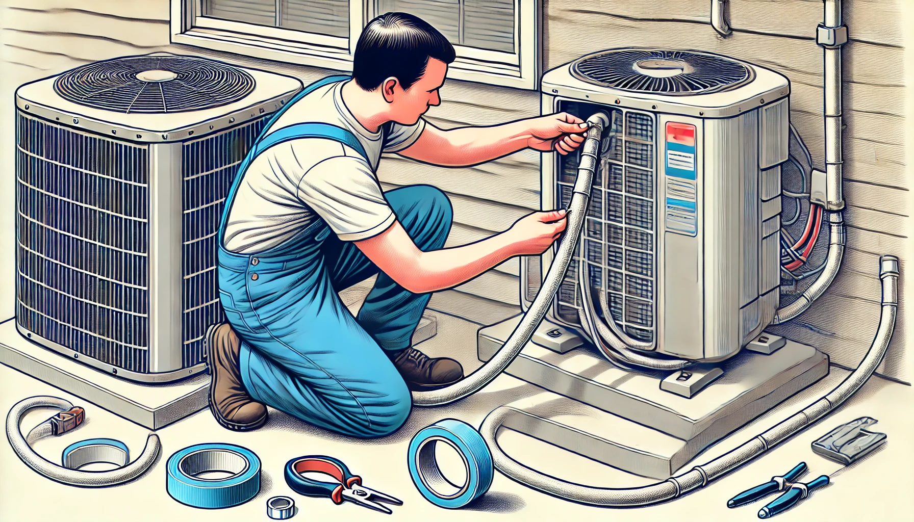 An illustration of a person extending an air conditioner's drain hose. The person is carefully attaching an additional hose to the existing one, ensuring a secure connection. The scene is set outdoors near a home’s exterior wall, with tools like tape and hose clips visible. The illustration has a clean, instructional style, making the process clear and easy to understand. The person appears focused on their task.