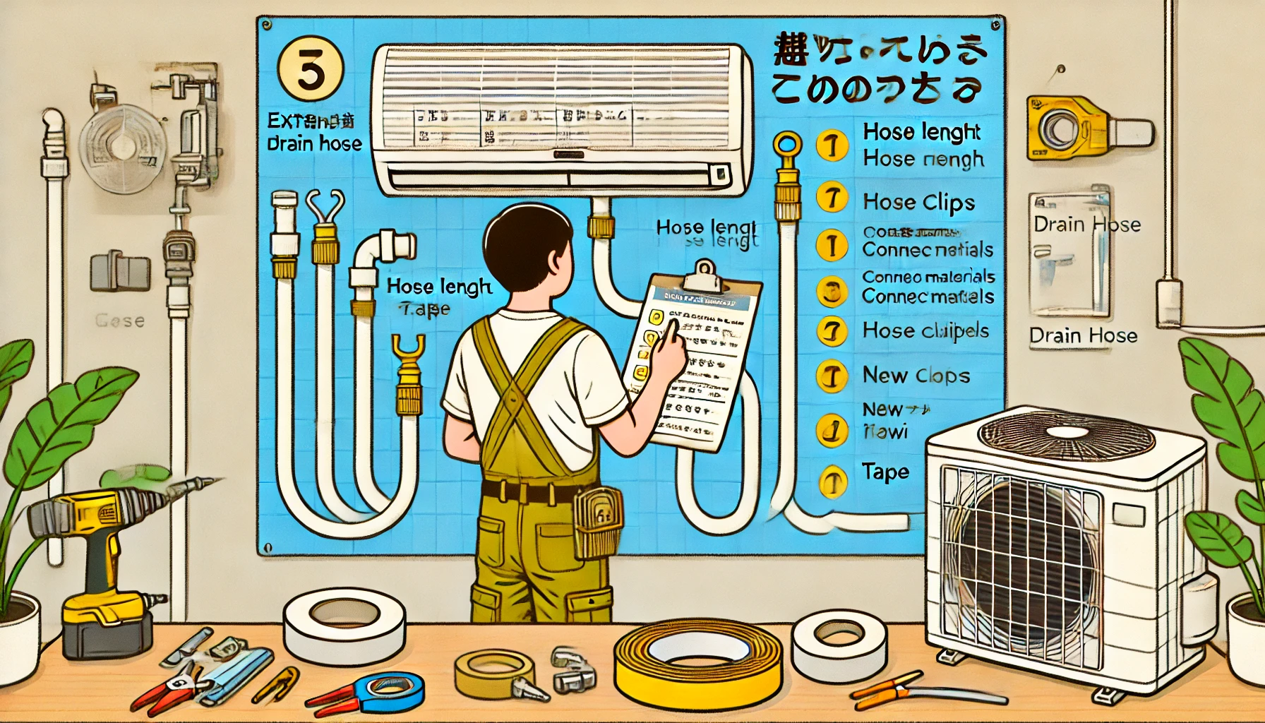 An illustration of a Japanese person planning to extend an air conditioner's drain hose. The person is holding a checklist with key points such as hose length, connection materials, and installation tools. The background shows a workspace with necessary tools like hose clips, tape, and a new drain hose. The art style is clean and instructional, emphasizing the preparation stage for extending the drain hose.