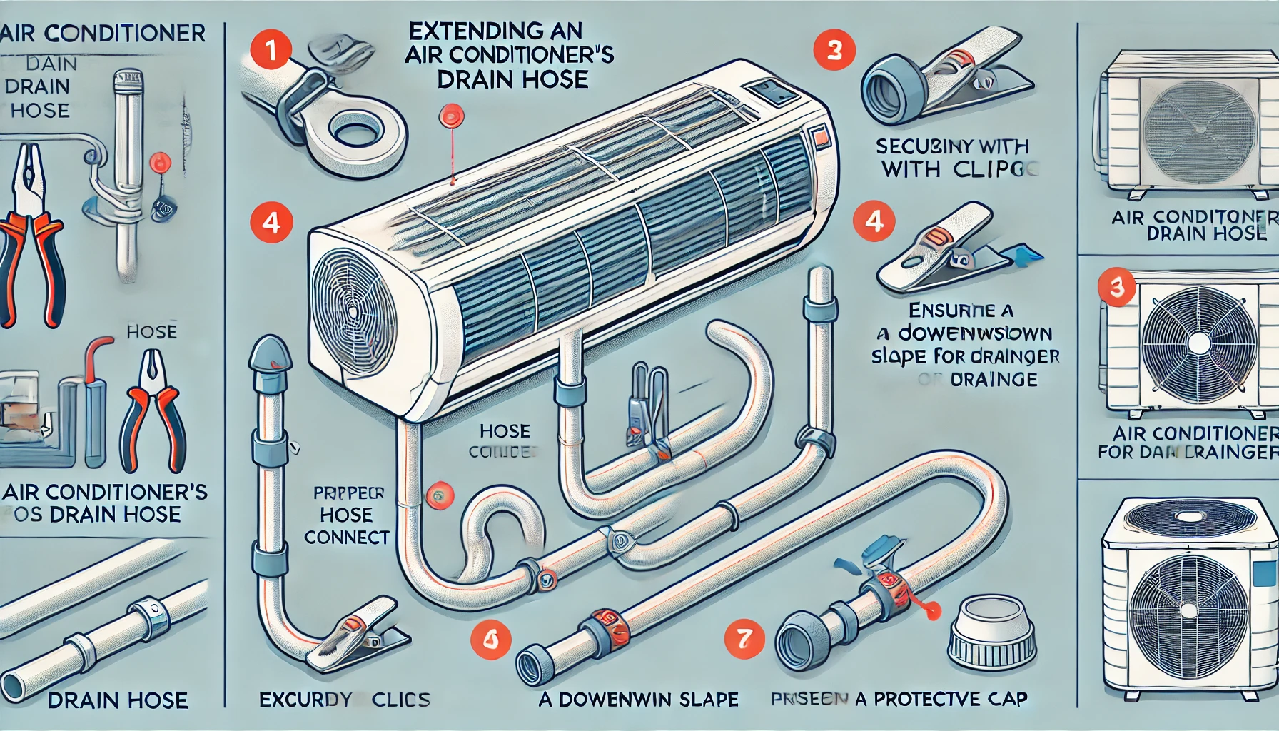 An instructional illustration showing the key points of extending an air conditioner's drain hose. The image includes diagrams highlighting proper hose connection, securing with clips, ensuring a downward slope for drainage, and using a protective cap. The background is minimal to emphasize the clear step-by-step guide. The style is clean and easy to understand, ideal for a DIY guide.