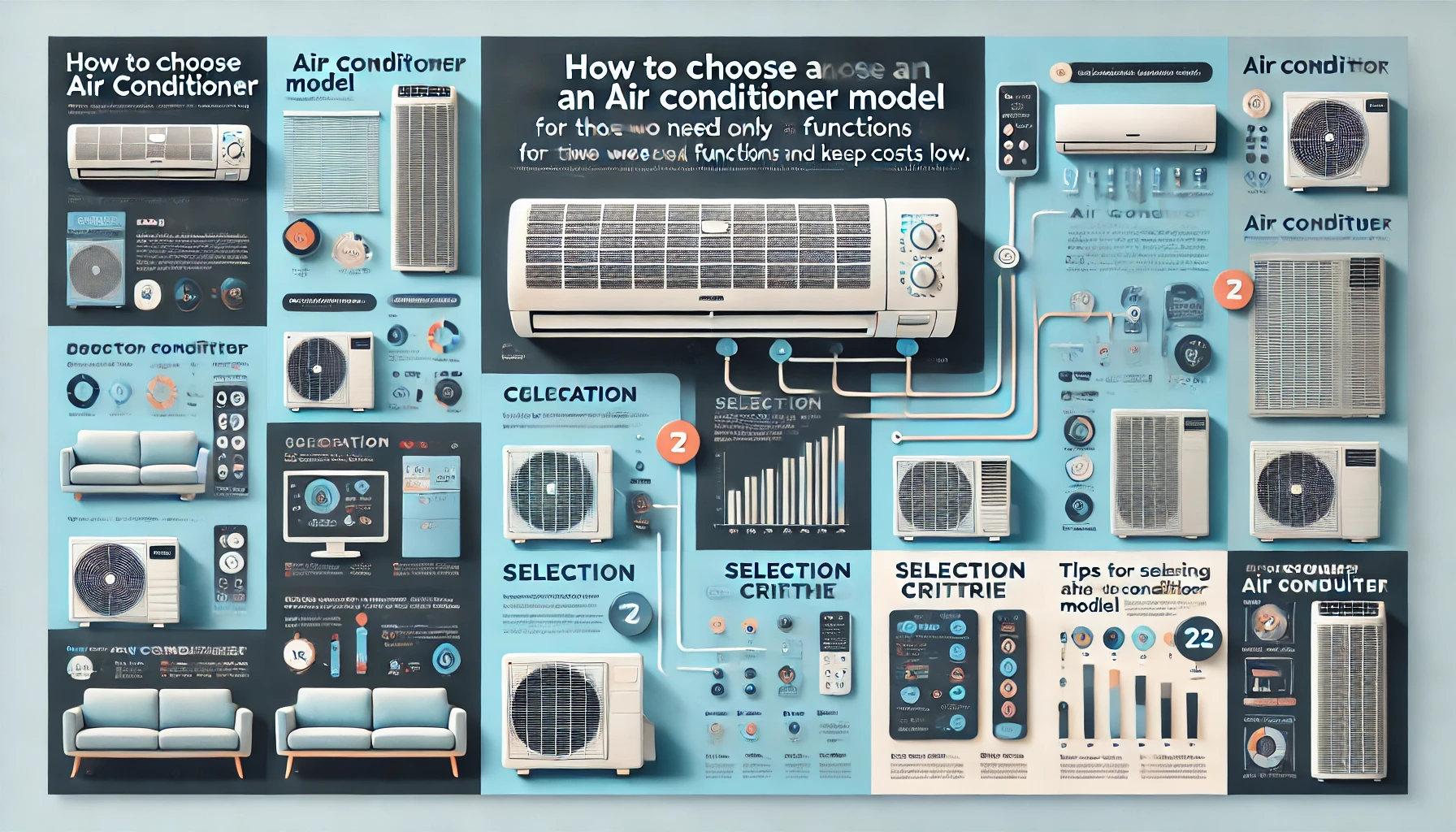 An informative infographic displaying how to choose an air conditioner model for those who need only basic functions and want to keep costs low. The design should include clear comparison charts, selection criteria, and tips for selecting the right unit. The layout should be modern and professional, with an easy-to-read structure. The infographic should be in a 16:9 aspect ratio.