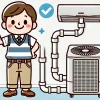 An illustration of a Japanese person happily standing next to a successfully extended air conditioner's drain hose. The person is smiling and giving a thumbs-up, showing satisfaction with the DIY installation. The background shows a clean and properly installed drain hose leading to a designated drainage area. The art style is simple, cheerful, and instructional, emphasizing a successful outcome.