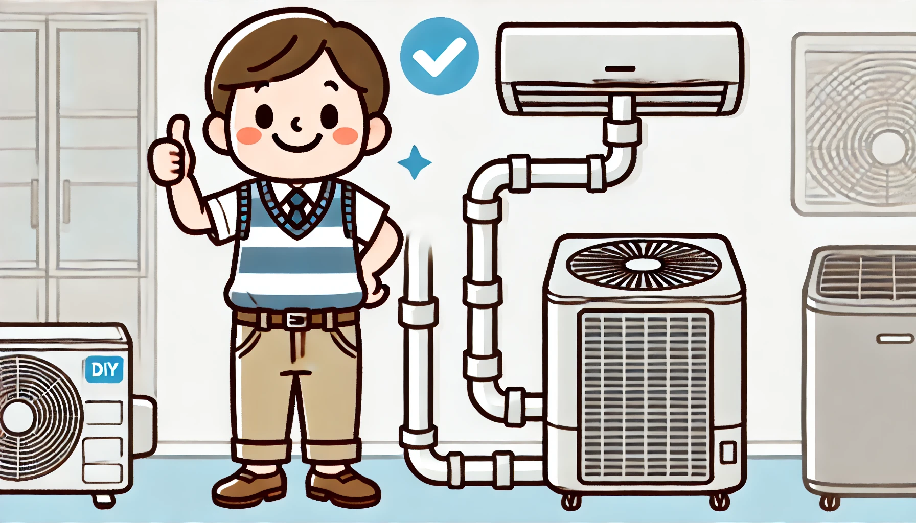 An illustration of a Japanese person happily standing next to a successfully extended air conditioner's drain hose. The person is smiling and giving a thumbs-up, showing satisfaction with the DIY installation. The background shows a clean and properly installed drain hose leading to a designated drainage area. The art style is simple, cheerful, and instructional, emphasizing a successful outcome.