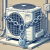 An illustration of an air conditioner outdoor unit secured with a sturdy anti-theft chain. The chain is wrapped around the unit and attached to a secure anchor point. The background is a residential outdoor setting. The image is in a clean, detailed, and modern illustration style.