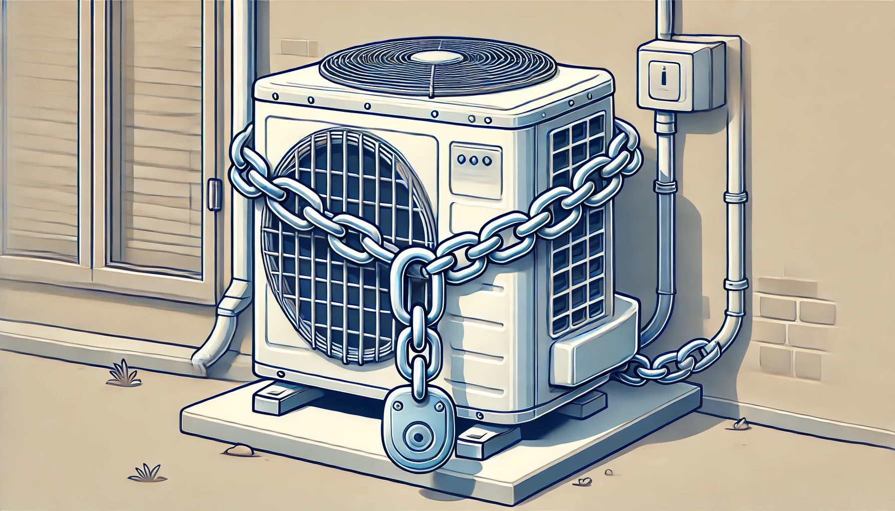 An illustration of an air conditioner outdoor unit secured with a sturdy anti-theft chain. The chain is wrapped around the unit and attached to a secure anchor point. The background is a residential outdoor setting. The image is in a clean, detailed, and modern illustration style.