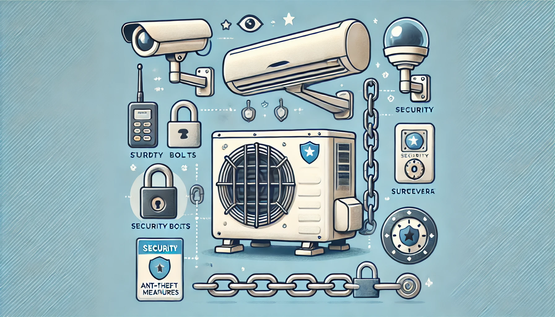 An illustration showcasing key anti-theft measures for an air conditioner outdoor unit. Includes elements like a sturdy chain, security bolts, a protective cover, and a surveillance camera. The background is a simple infographic-style layout. The image is in a clean, detailed, and modern illustration style.