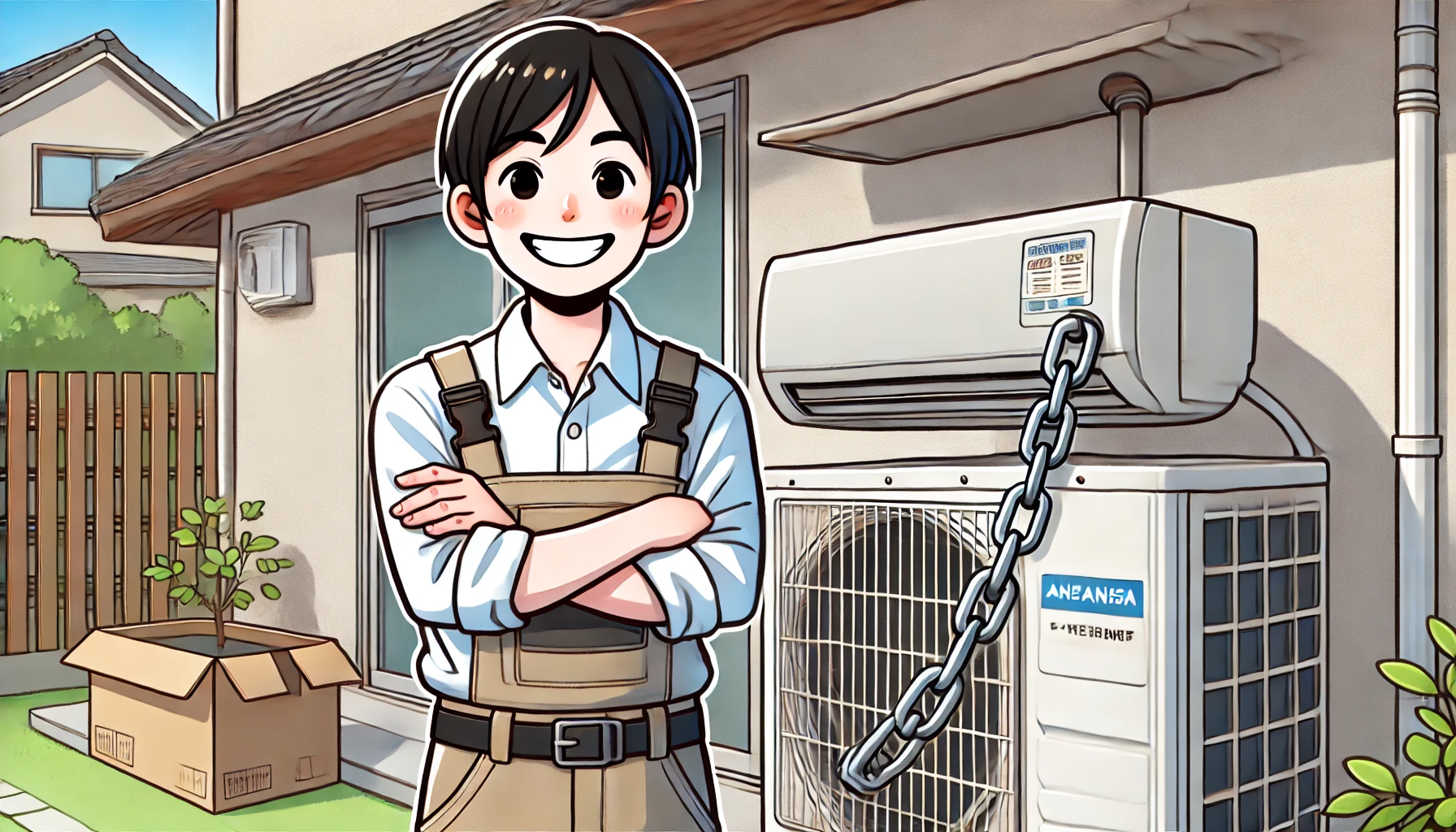 An illustration of a Japanese person smiling happily after successfully installing an anti-theft chain on an air conditioner outdoor unit. The person looks satisfied and confident. The background is a residential outdoor setting. The image is in a clean, detailed, and modern illustration style.