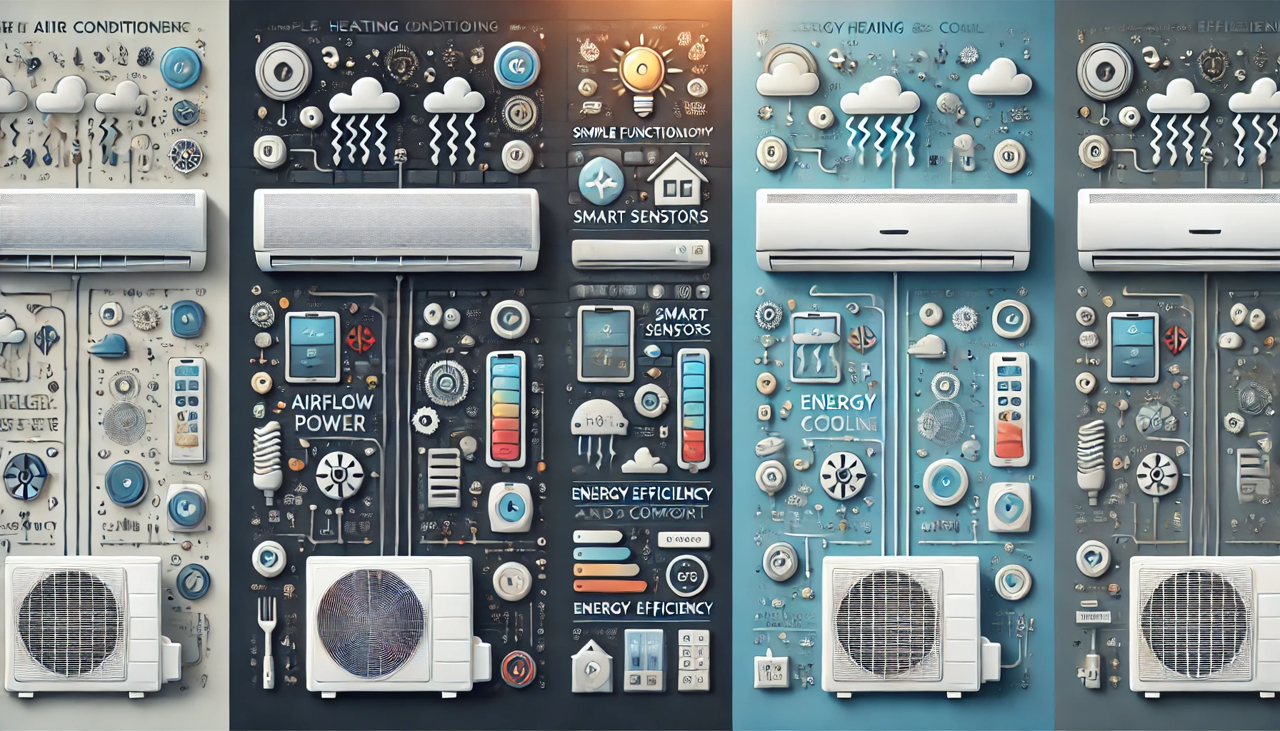 A side-by-side comparison of two types of air conditioners: one designed for users who prefer simple functionality with powerful heating and cooling, and another optimized for energy efficiency and comfort. The image should clearly highlight the differences in features, such as airflow power, smart sensors, and energy-saving technology. Professional and clean infographic style, 16:9 aspect ratio.