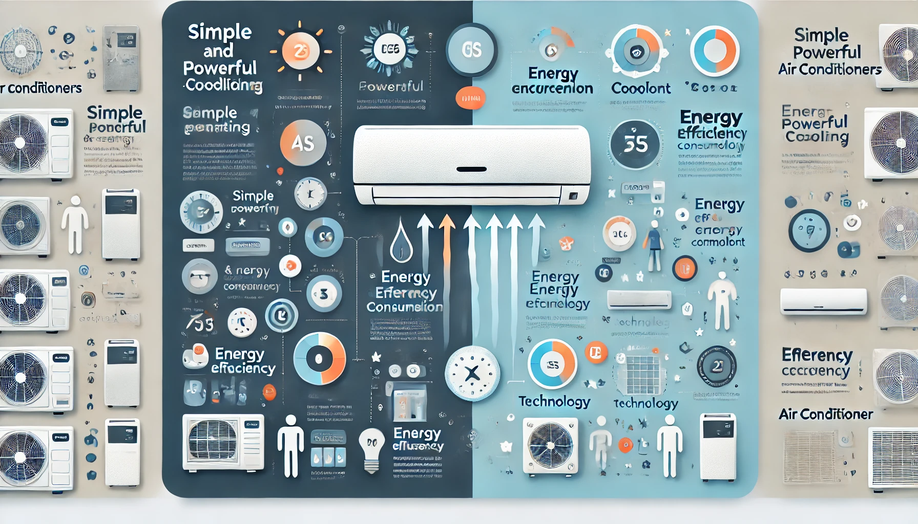 An infographic comparing the key features of two types of air conditioners: one for users seeking simple and powerful heating/cooling, and another for those prioritizing energy efficiency and comfort. The image should highlight elements such as airflow strength, energy consumption, and sensor technology. Professional and modern infographic style, 16:9 aspect ratio.