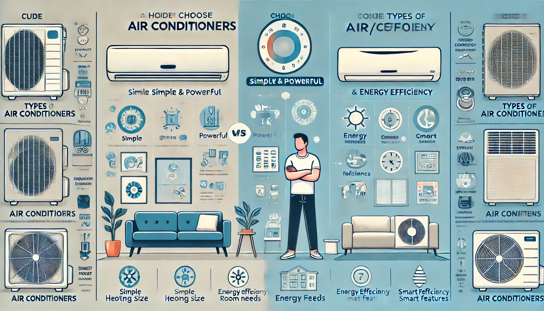 A guide on how to choose between two types of air conditioners: one for users looking for simple and powerful heating/cooling, and another for those focusing on energy efficiency and comfort. The image should include decision-making factors like budget, room size, climate needs, and smart features. Clean and informative infographic style, 16:9 aspect ratio.