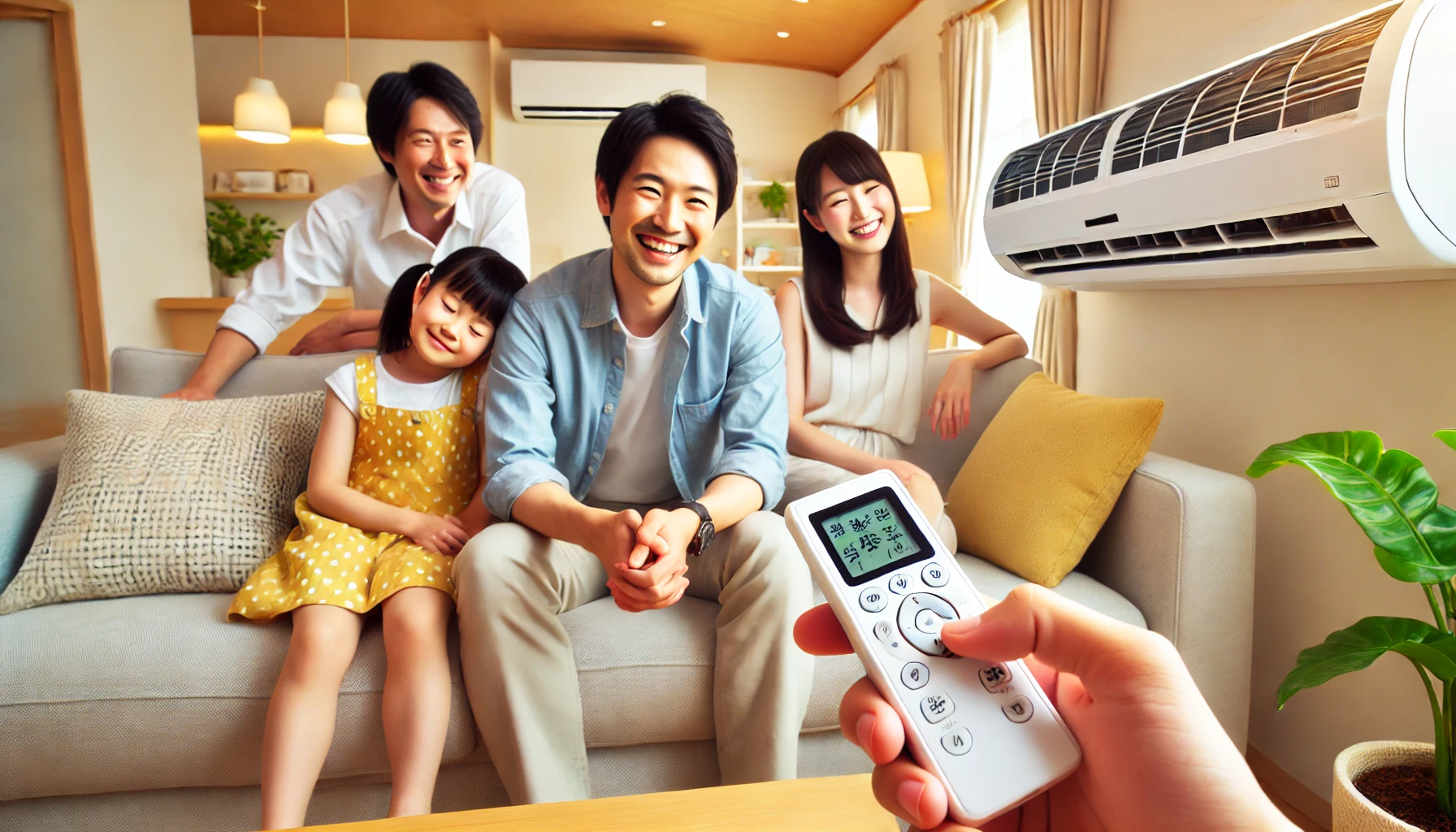 A happy Japanese family in a modern home enjoying their newly installed air conditioner. One family member is adjusting the remote, while others are relaxing comfortably. The air conditioner is sleek and prominently displayed, symbolizing both powerful cooling/heating and energy efficiency. Bright, warm, and inviting atmosphere. 16:9 aspect ratio.