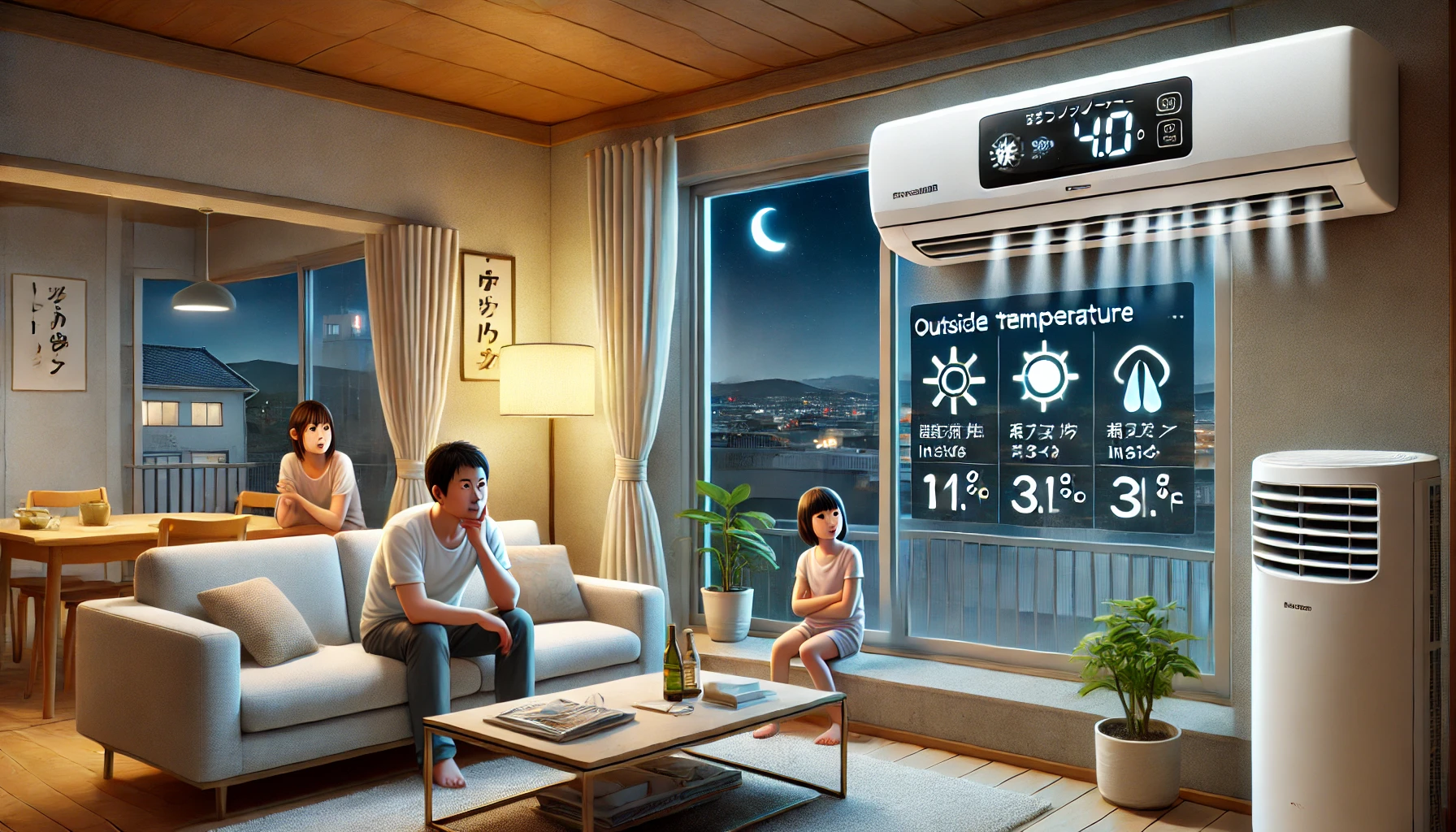 A modern Japanese living room where the air conditioner is struggling to cool the room despite being on. The outside temperature is cooler than inside, visible through a window showing a cool evening. The air conditioner display shows a high temperature. A Japanese family looks confused and slightly uncomfortable. Realistic style, 16:9 aspect ratio.