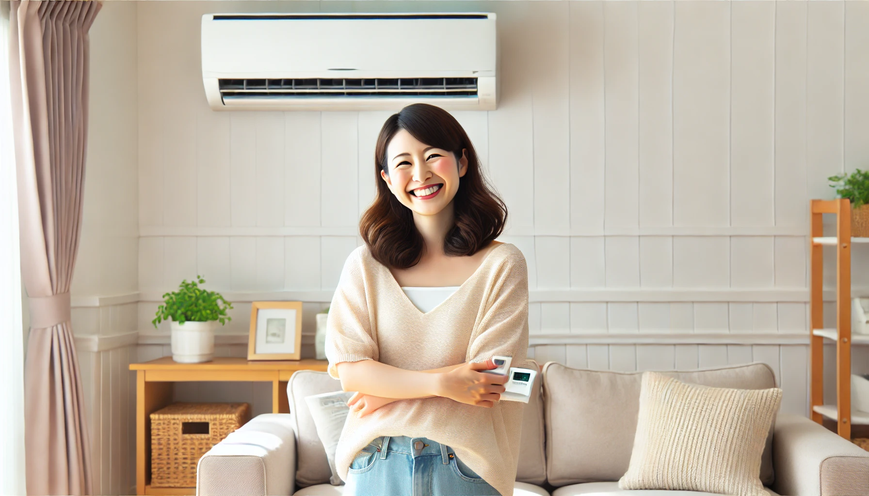 A happy Japanese woman standing in her living room, smiling with joy after purchasing a cost-effective air conditioner model. The air conditioner is mounted on the wall, and she appears satisfied with her purchase. The scene is bright, modern, and cozy, representing comfort and efficiency. The image should be in a 16:9 aspect ratio.