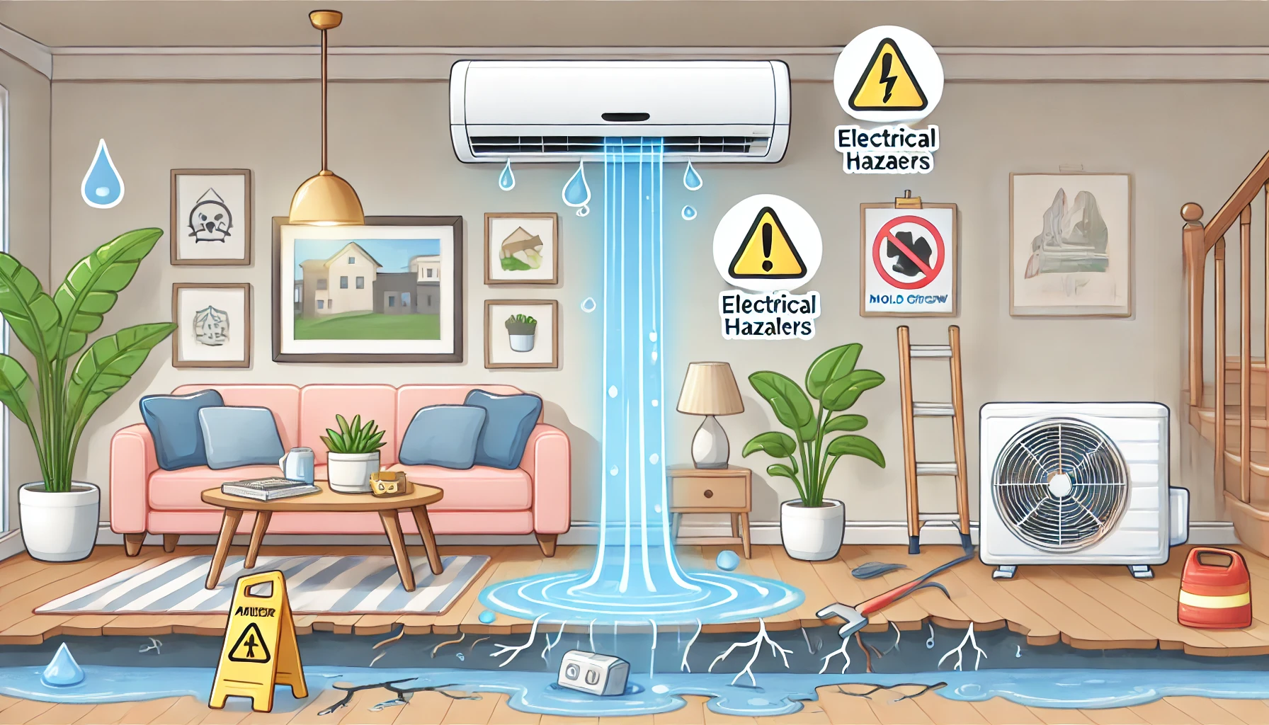 An illustration showing the risks of using an air conditioner while it is leaking water. The scene includes potential dangers like electrical hazards, mold growth, and damage to the flooring. The illustration style is clear and informative, using soft colors and a modern home setting. Aspect ratio: 16:9.