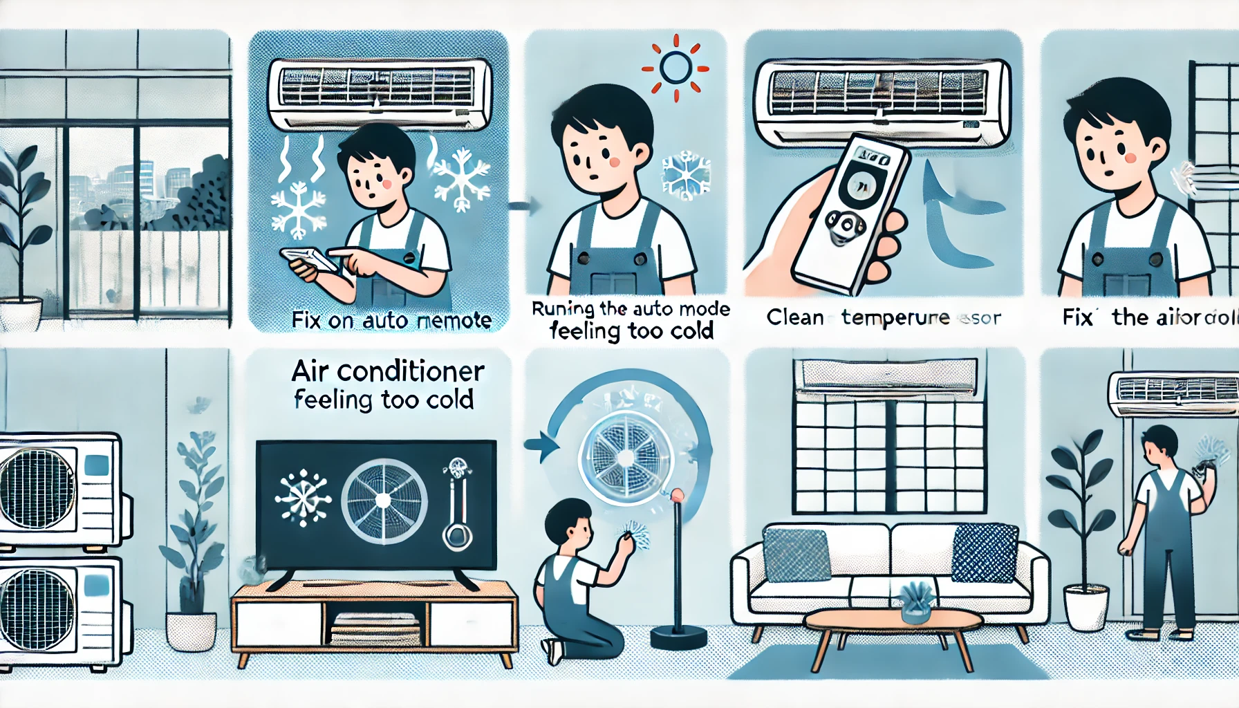 An illustration showing solutions to fix an air conditioner running on auto mode feeling too cold. A Japanese person adjusting the AC remote, fixing the airflow direction, and cleaning the temperature sensor. The setting is a modern Japanese-style living room with a visible air conditioner on the wall. Illustration style.