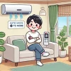 An illustration of a happy Japanese person sitting comfortably in a modern living room after fixing the air conditioner’s auto mode issue. They are smiling, enjoying a pleasant room temperature, with a remote in hand. The air conditioner on the wall is set correctly. The room has a cozy and inviting atmosphere. Illustration style.