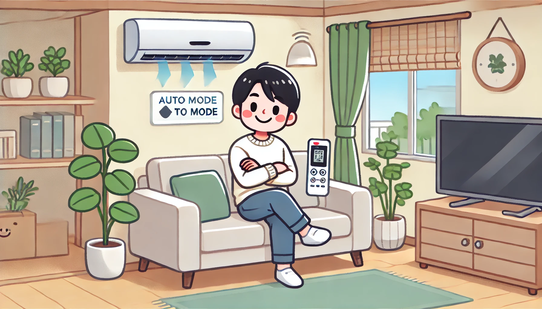 An illustration of a happy Japanese person sitting comfortably in a modern living room after fixing the air conditioner’s auto mode issue. They are smiling, enjoying a pleasant room temperature, with a remote in hand. The air conditioner on the wall is set correctly. The room has a cozy and inviting atmosphere. Illustration style.