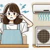 An illustration of a Japanese woman looking frustrated and covering her ears due to a loud air conditioner noise. The setting is indoors, with an air conditioning unit visible in the background. The woman appears distressed, trying to find a solution. The art style is clean and modern, resembling Japanese illustration styles. The image should be in a 16:9 aspect ratio.