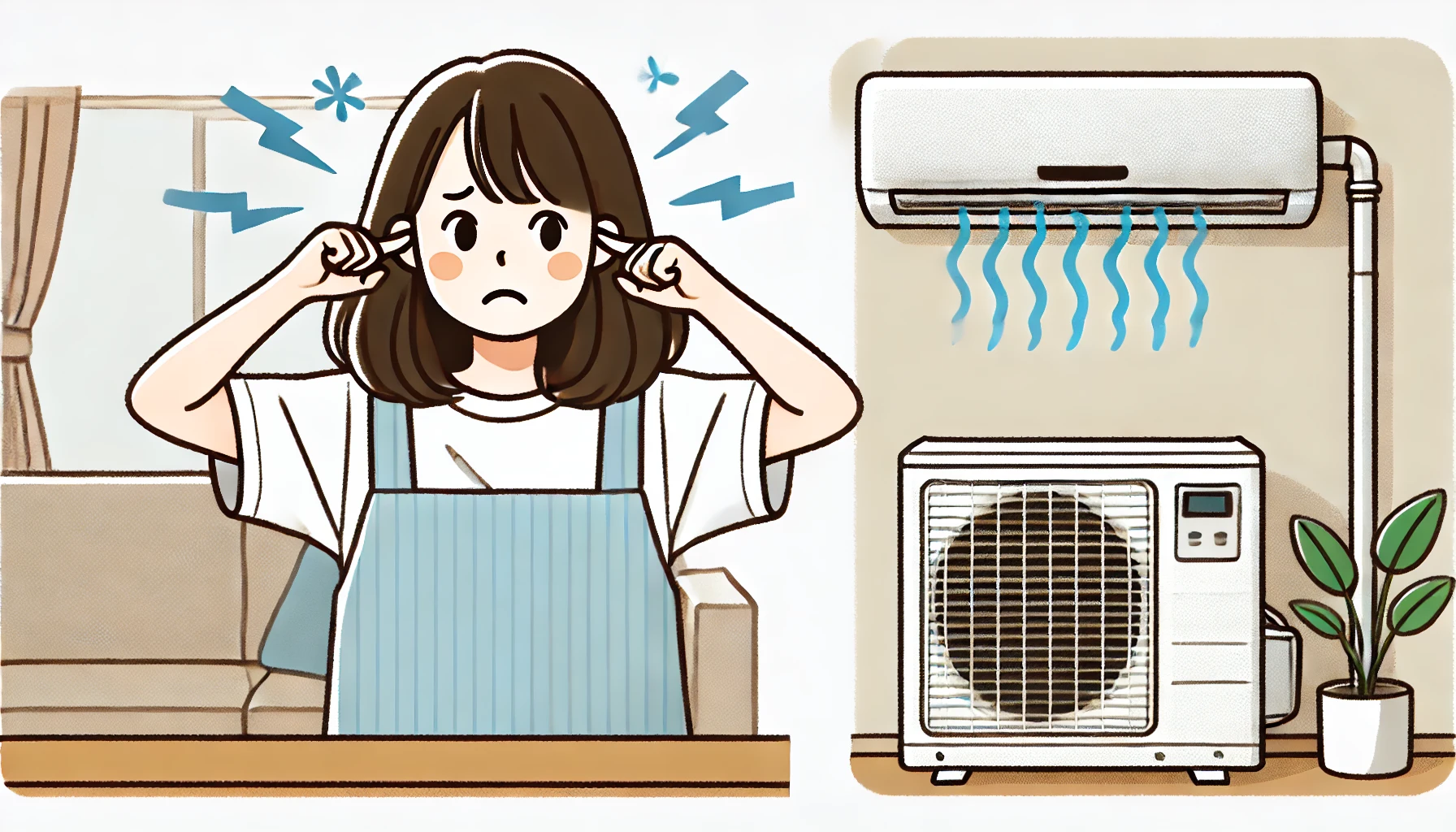 An illustration of a Japanese woman looking frustrated and covering her ears due to a loud air conditioner noise. The setting is indoors, with an air conditioning unit visible in the background. The woman appears distressed, trying to find a solution. The art style is clean and modern, resembling Japanese illustration styles. The image should be in a 16:9 aspect ratio.