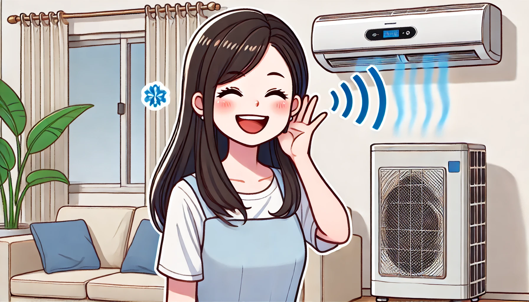 An illustration of a Japanese woman looking happy and relieved after solving the loud air conditioner noise issue. The setting is indoors with a quiet air conditioning unit in the background. The woman is smiling and enjoying the comfortable atmosphere. The art style is clean and modern, resembling Japanese illustration styles. The image should be in a 16:9 aspect ratio.