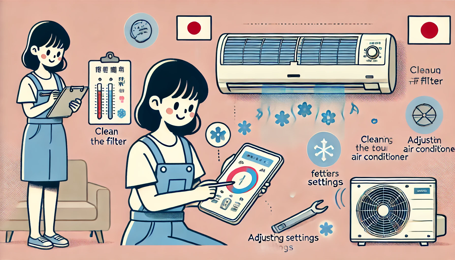 An illustration showing solutions to reduce loud air conditioner noise. The image features a Japanese woman performing maintenance tasks like cleaning the filter, adjusting settings, or checking the fan. The art style is clean and modern, resembling Japanese illustration styles. The image should be in a 16:9 aspect ratio.