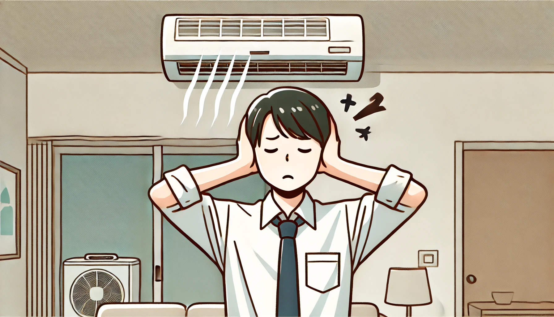 An illustration of a Japanese person looking frustrated and covering their ears due to a loud air conditioner noise. The setting is indoors, with an air conditioning unit visible in the background. The person appears distressed, trying to find a solution. The art style is clean and modern, resembling Japanese illustration styles. The image should be in a 16:9 aspect ratio.