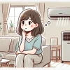 An illustration of a Japanese person sitting in their home, looking worried while thinking about whether they should leave their air conditioner on. The scene is cozy with an air conditioner visible in the background. The person appears thoughtful, with a slight expression of concern. The atmosphere is light and relatable. The illustration is in a soft and friendly style.