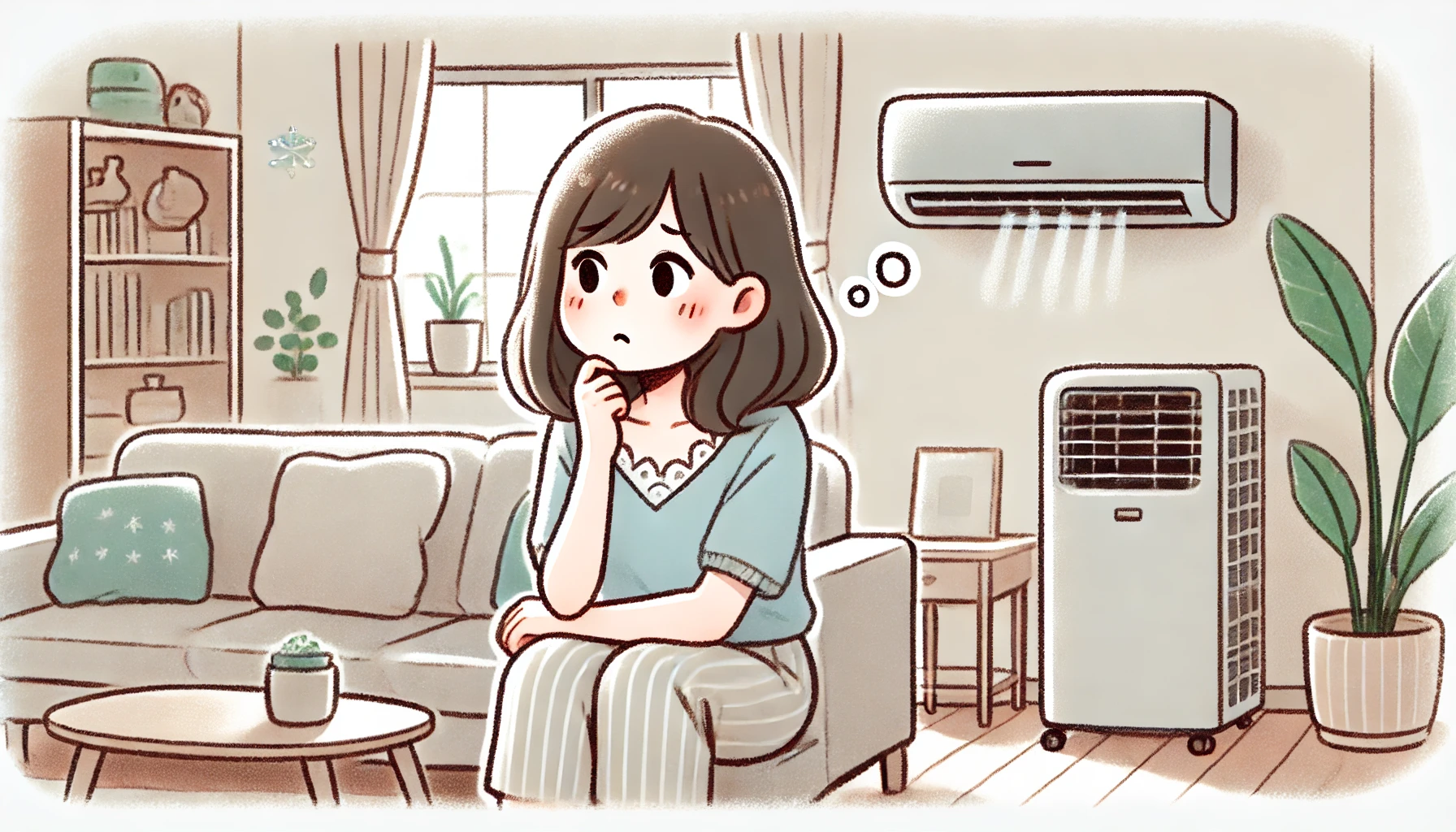 An illustration of a Japanese person sitting in their home, looking worried while thinking about whether they should leave their air conditioner on. The scene is cozy with an air conditioner visible in the background. The person appears thoughtful, with a slight expression of concern. The atmosphere is light and relatable. The illustration is in a soft and friendly style.