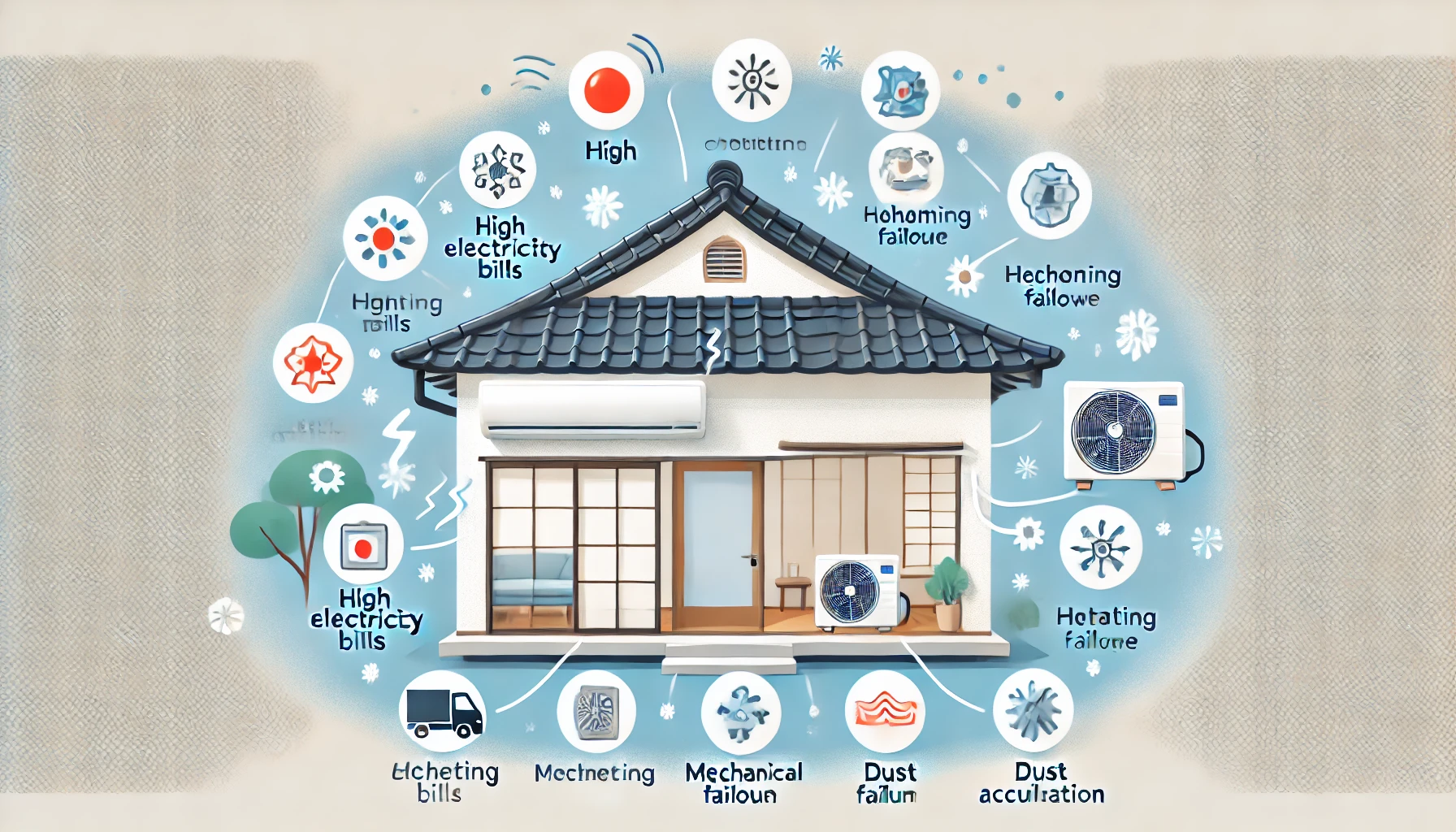 An illustration depicting the risks of leaving an air conditioner on continuously. The image shows a Japanese home with an air conditioner running, surrounded by icons or symbols representing potential issues such as high electricity bills, overheating, mechanical failure, and dust accumulation. The illustration is clean and informative with a light, friendly style.